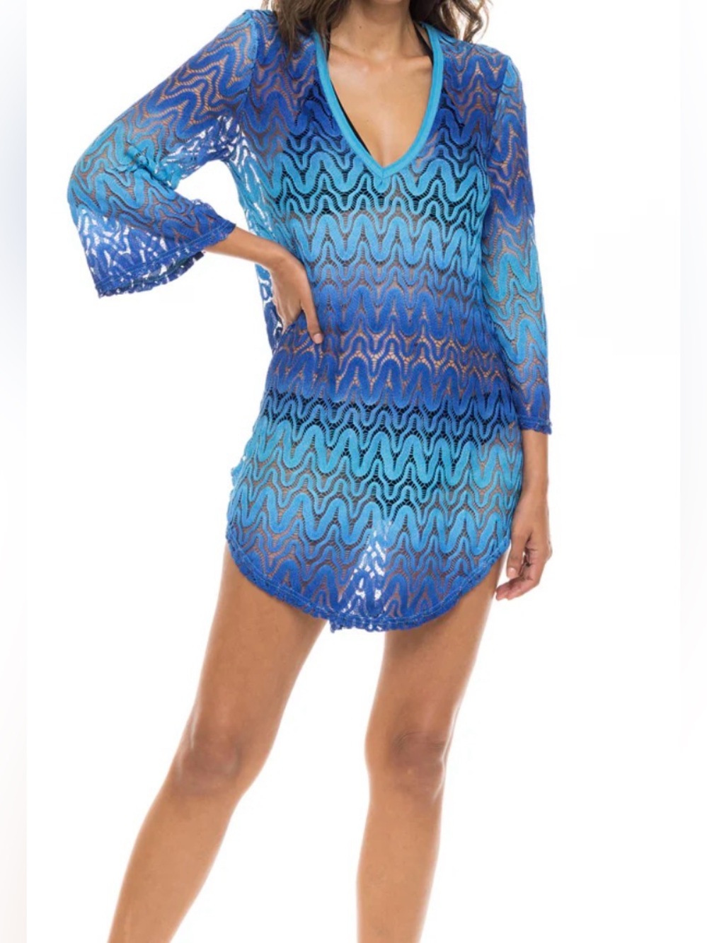 Elif Blue Ombre V-Neck Knit Tunic Coverup
